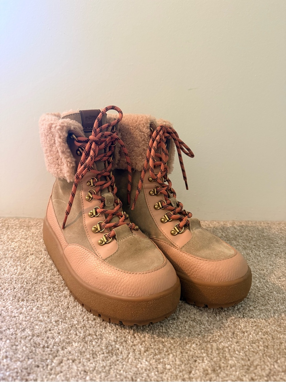 Coach Women's Taupe Pink Fleece-Trim Lace-Up Boots